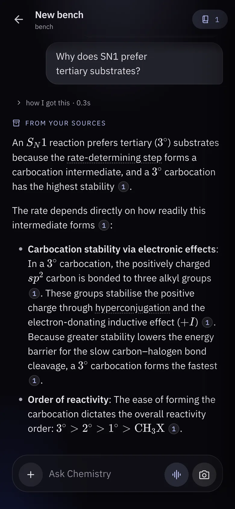 An answer on a phone to why SN1 prefers tertiary substrates, labelled as from the student's own sources, ending with the order of reactivity of alkyl halides