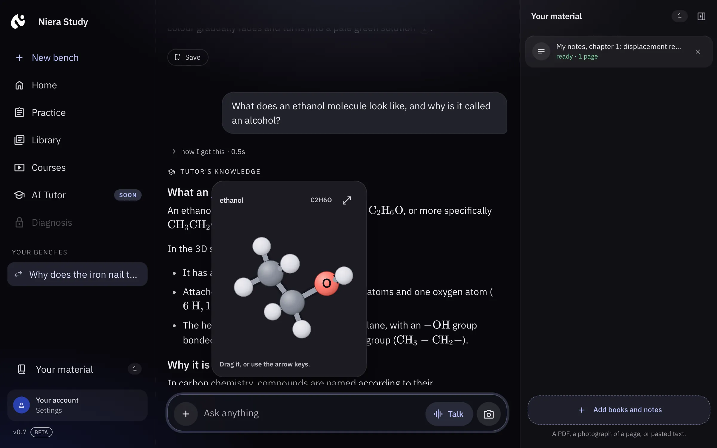 Ethanol turned in 3D over a class 10 answer on why it is called an alcohol