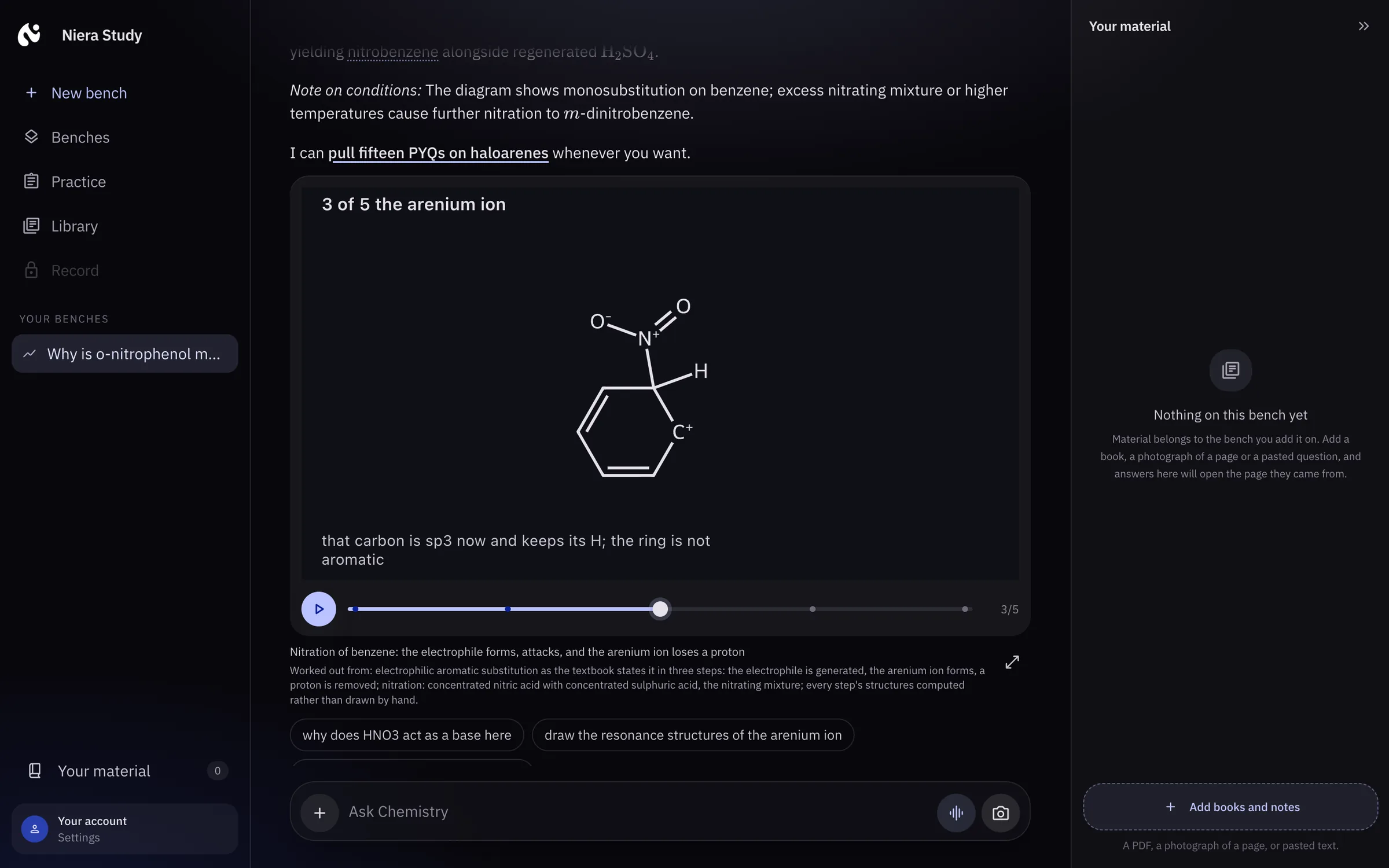 The nitration of benzene drawn step by step inside an answer, stopped at the arenium ion, with a bar to move between the steps
