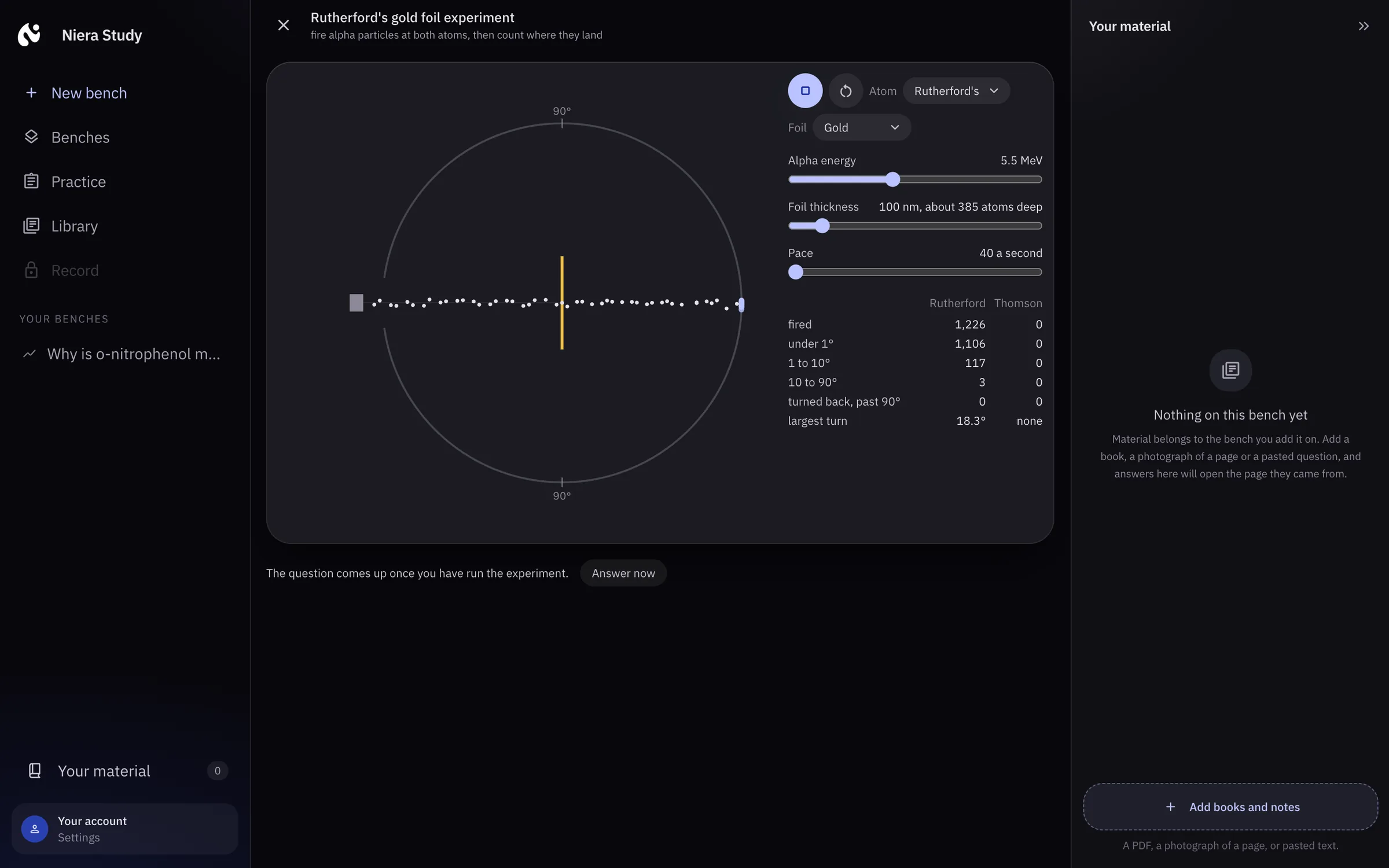 Rutherford's gold foil experiment open in a bench: alpha particles fired at gold foil, counted by how far each one turned, and the question that comes up once the experiment has run