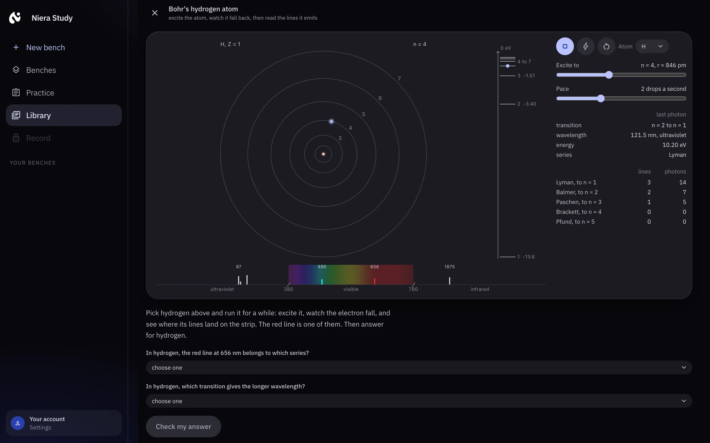 The Bohr hydrogen atom lab: the electron is excited to n = 4 and falls back, each photon lands on a spectrum strip, and two questions about the lines wait below