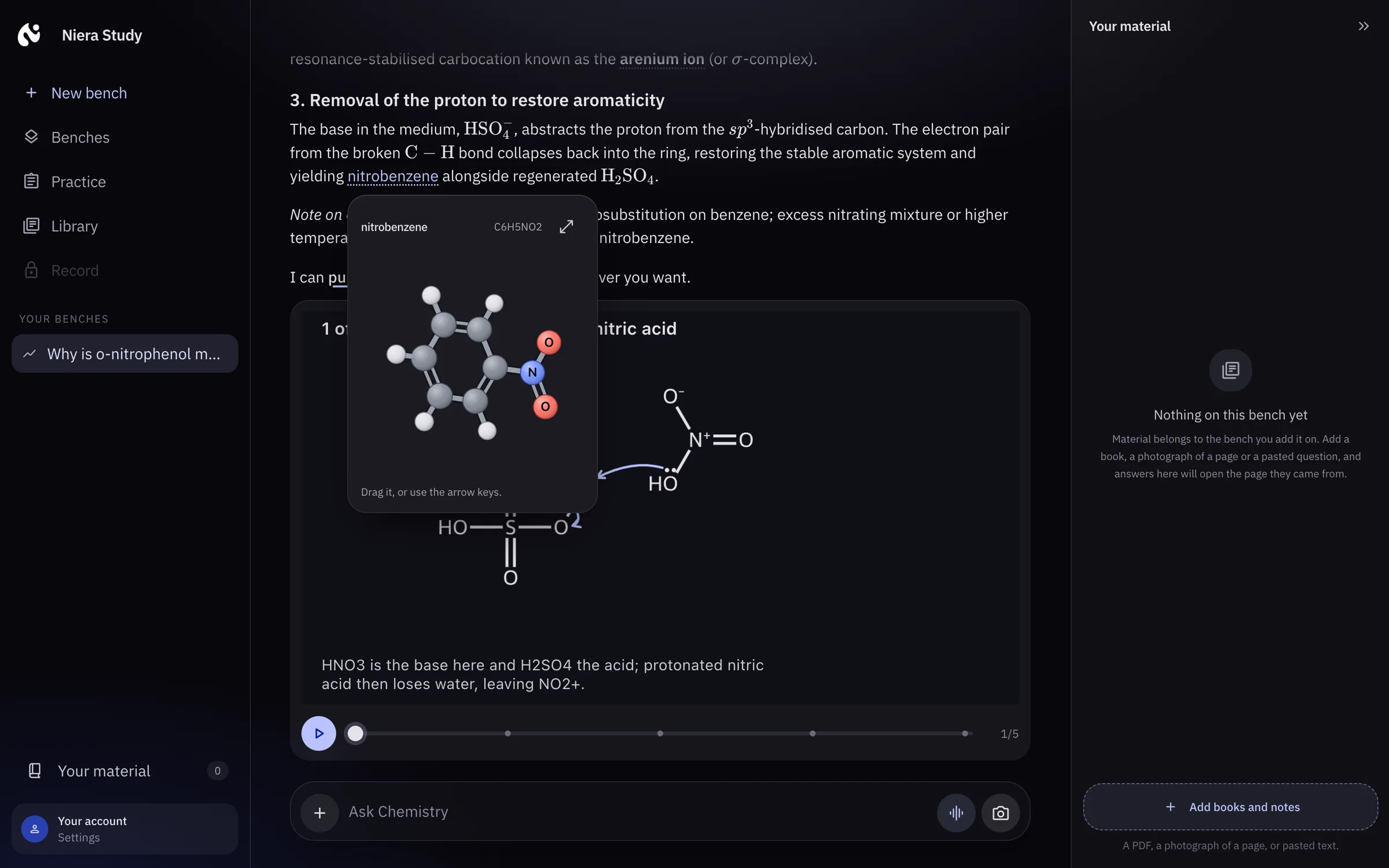 Nitrobenzene turned in 3D over a step of the nitration of benzene, drawn inside an answer