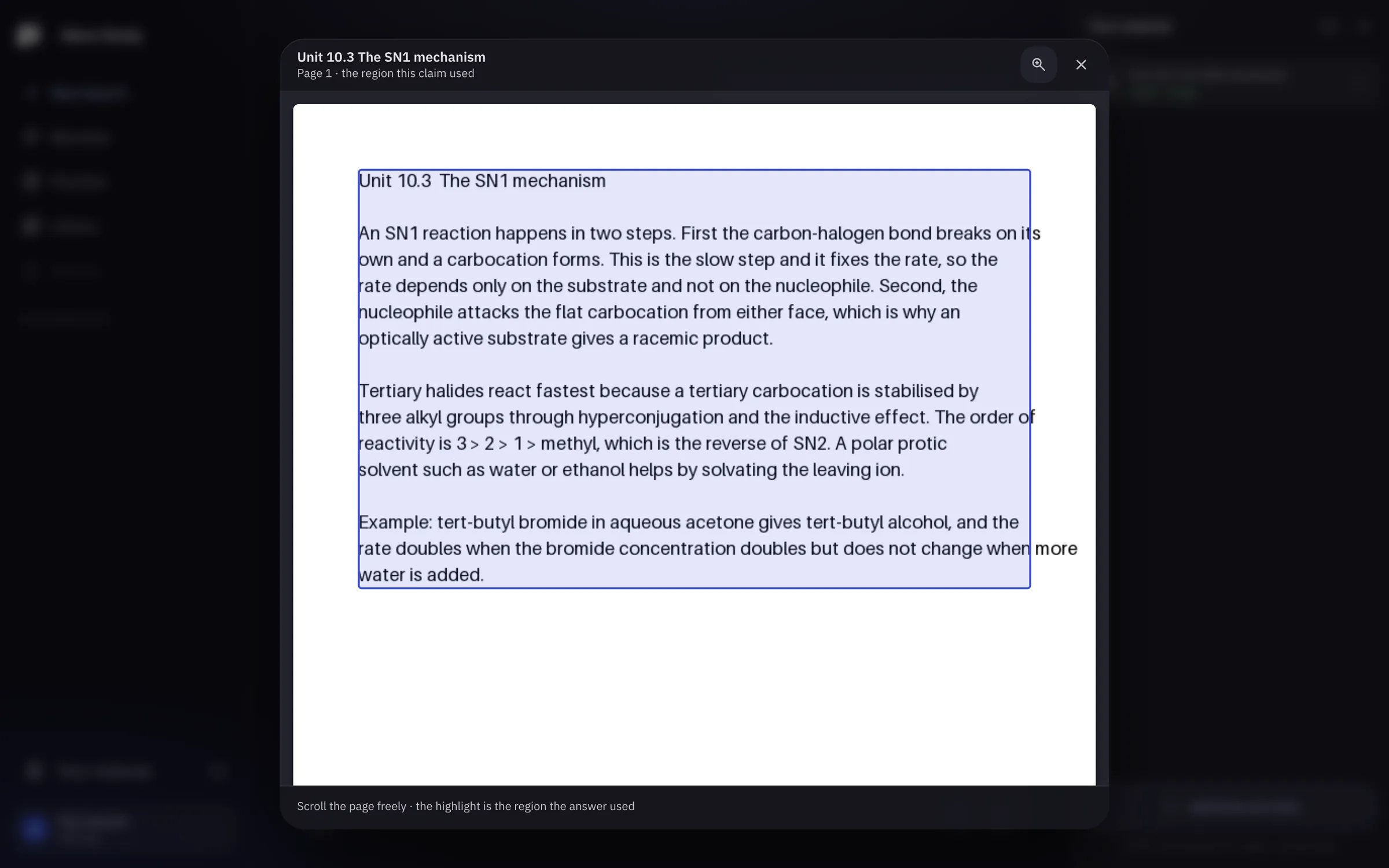 A page of the student's own material opened from an answer, with the region the answer used highlighted