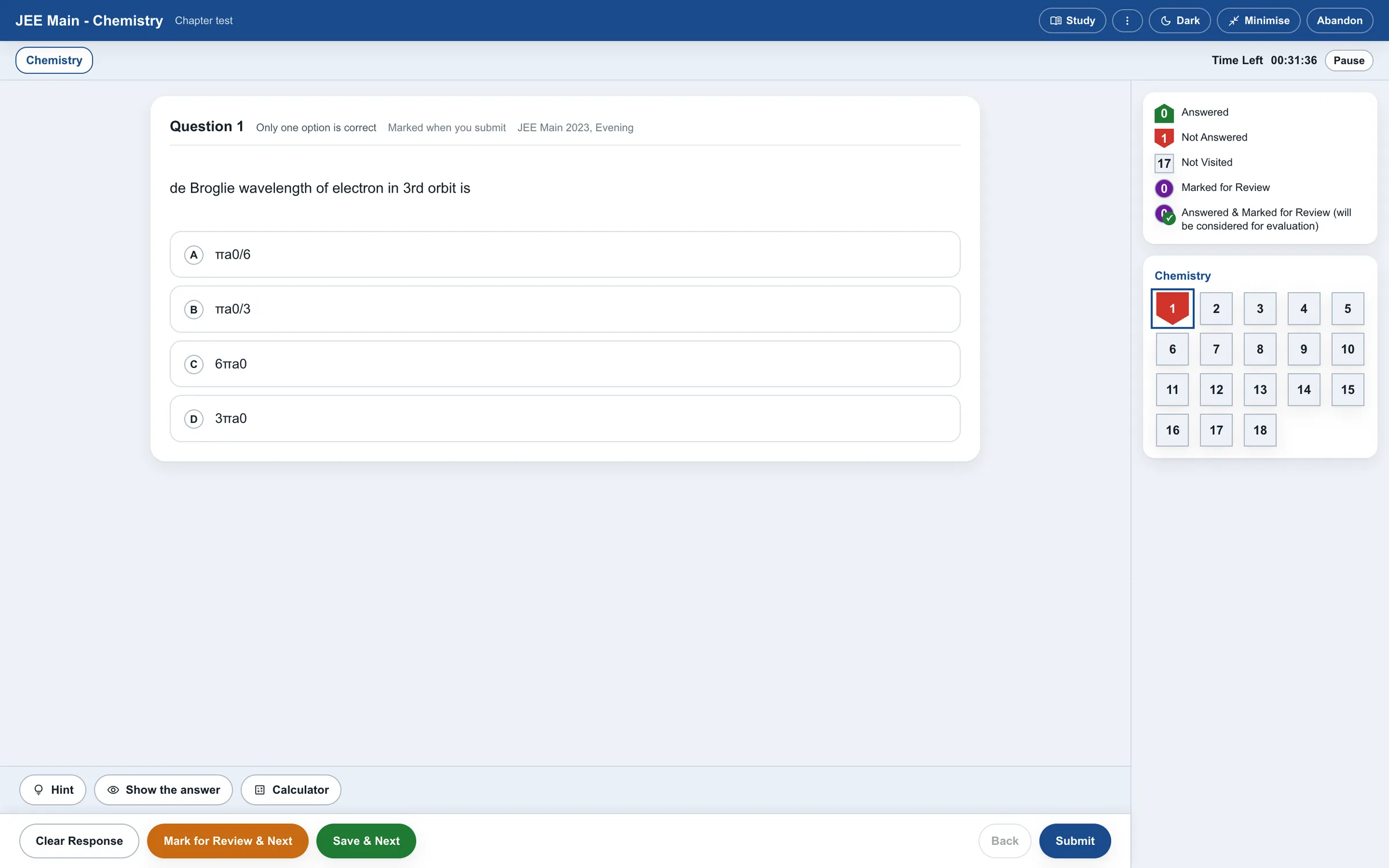 A chemistry chapter test on an exam-style screen, open on a JEE Main 2023 question, with the timer and the question palette