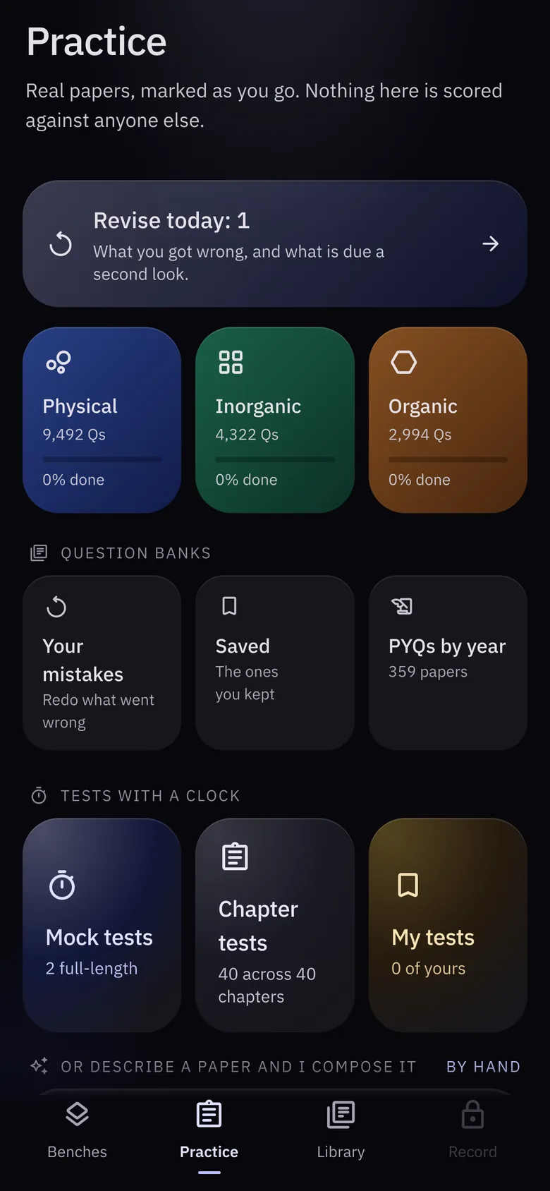 Practice on a phone: Revise today, the three branches of chemistry with their question counts, past papers by year and tests with a clock