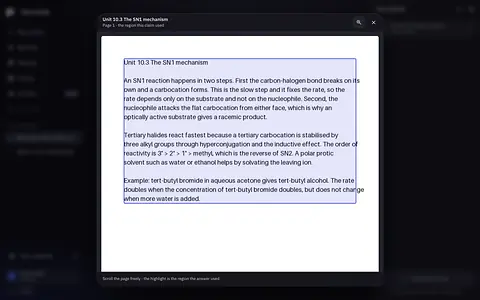 Niera Study showing the page of the student's own module that an answer used, with the lines it used lit.